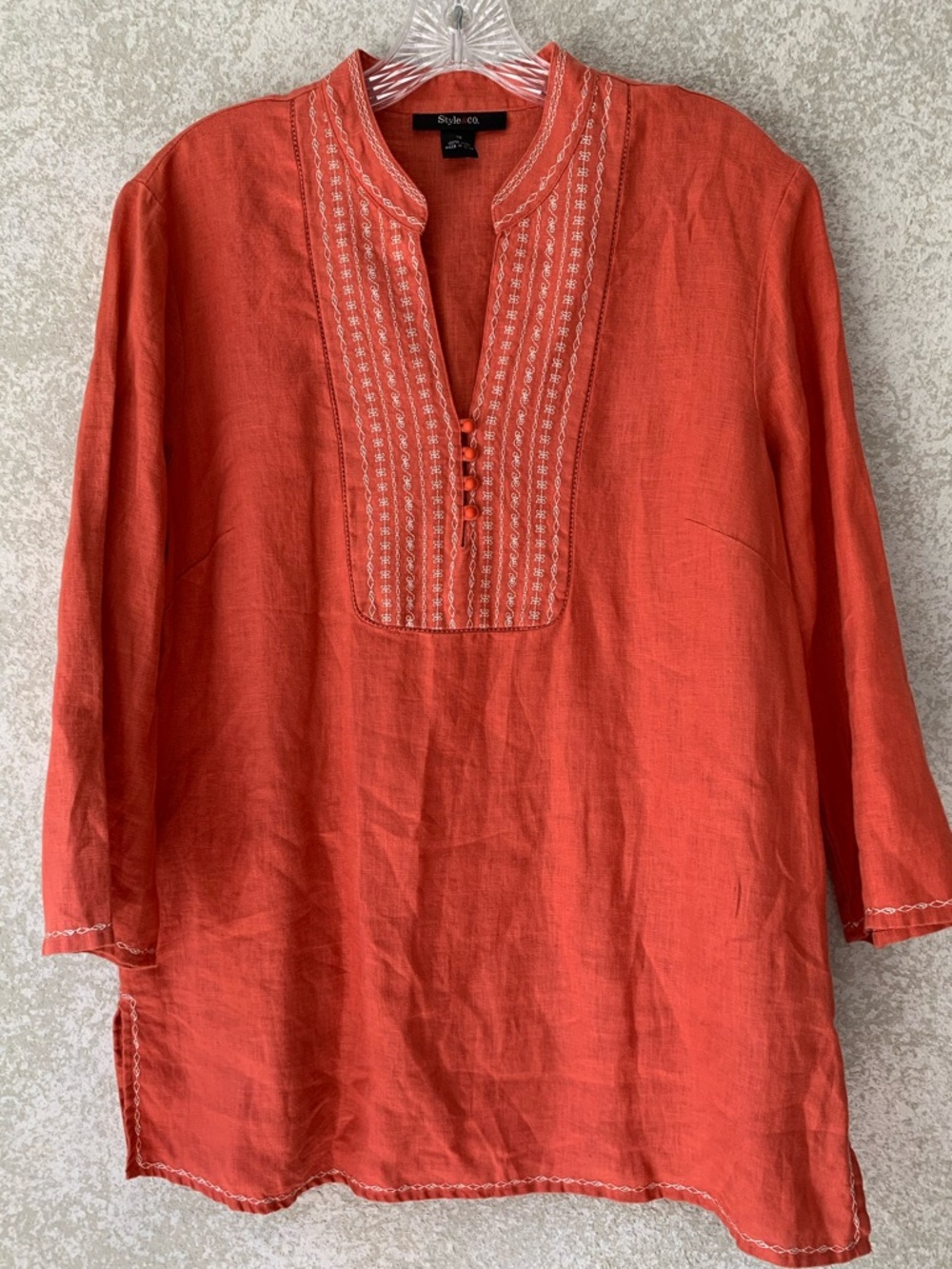 Style & Co. Women’s Burnt Orange Linen Embroidered Tunic Size 12 Coastal Relaxed